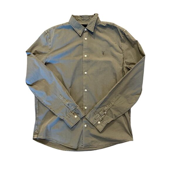 AllSaints Men Olive Green Button Up Organic Cotton Shirt M Long Sleeve Casual - Picture 1 of 8